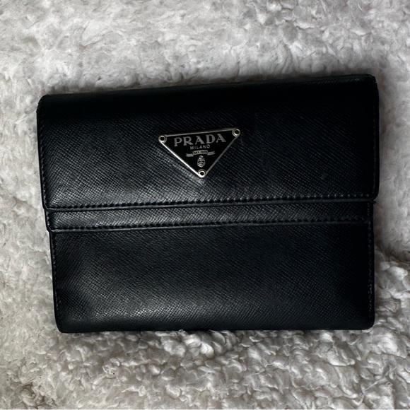 PRADA Logo Plate Tri-Fold Wallet Saffiano Leather Black Used Authentic - Picture 5 of 14